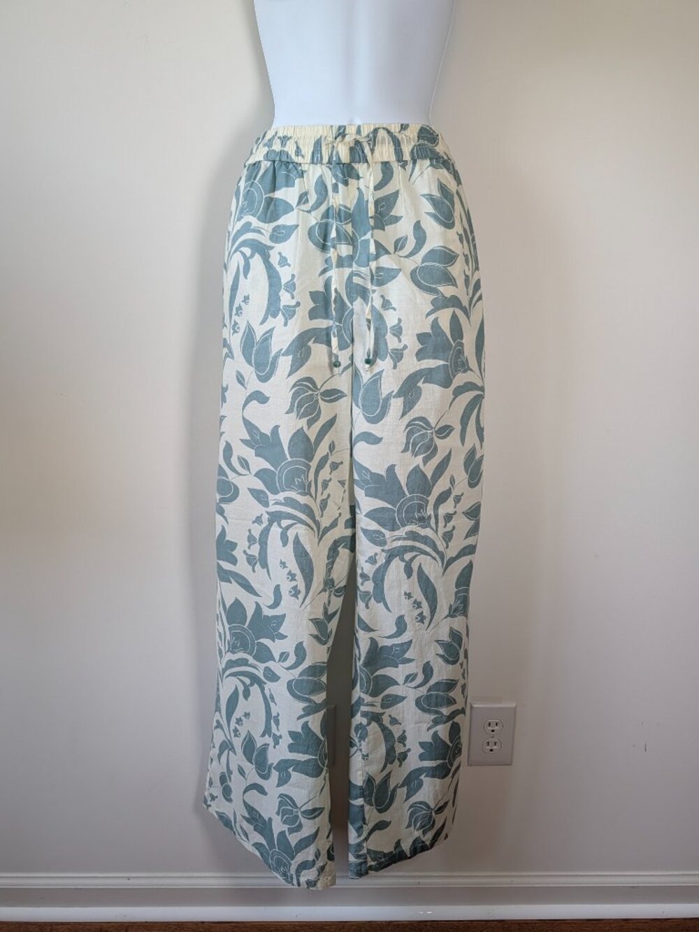 ZARA NWT Eva Pant Cotton Print Pants L Ecru Wide Leg Elastic Waist 100% Cotton